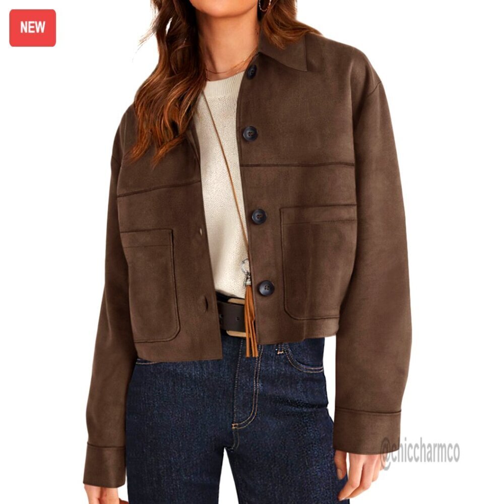 Faux Suede Cropped Jacket Casual Lightweight Fall Fashion Outerwear Trendy